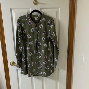 Duluth Trading Co Olive Button Down with Purple Floral